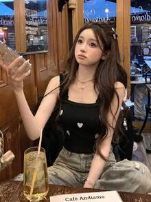 甜美火辣女孩极简性感木耳饰边针织吊带背心，无袖设计，饰有心形刺绣，适合春夏叠穿或外搭，黑色 - 黑色 - 查看 5