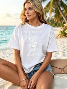 Viva Mexico Skeleton In Sombrero Graphic Print Loose Crew Neck T Shirt, Non Fading Casual Tee, Ideal For Daily Wear, Sports And Leisure Activities, Perfect Gift For Father's Day And Mother's Day - 白色 - 查看 6