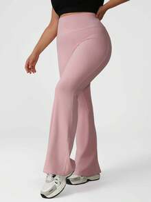 NcmRyu 1pc Women Plus Size Solid Color High Waist Lifting Flare Leg Pants Sports - Pink - View 8