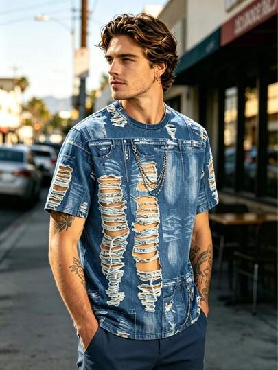 Áo thun ngắn tay in họa tiết denim rách, áo thun cổ tròn phong cách đường phố in hình dây xích kim loại punk, quần áo nam họa tiết denim rách kiểu Mỹ, áo thun ngắn tay nam in kỹ thuật số thiết kế rách phong cách đường phố, áo thun ngắn tay đa năng thời trang đô thị dành cho nam.