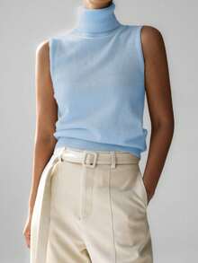 Top de punto sin mangas de estilo europeo y americano - Azul - Ver 1