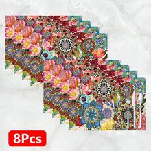 1pc/4pcs/6pcs Bohemian Style Printed Linen Placemats, Suitable For Dining Table, All Season Decor, Modern Washable Table Mats, Room Decor, Coasters, Kitchen Dining Mats, Indoor Outdoor Party Decoration, Home Decor, Ideal Gift - Multicolor - View 13