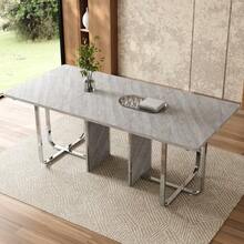 Mesa de comedor, 180 x 80 x 75 cm, mesa de comedor moderna, mesa de comedor robusta, patas de metal, mesa de comedor grande, mesa de comedor rectangular, mesa de comedor para 6 personas, mesa de comedor moderna y sencilla, gris + plata - Gris - Ver 2