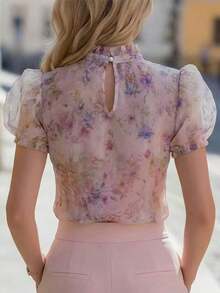 Áo kiểu voan chiffon thanh lịch, tay phồng, cổ buộc dây, họa tiết hoa, viền bèo nhún, thích hợp cho mùa hè, tiệc sinh nhật, hẹn hò buổi tối hoặc đi nghỉ mát. - Hoa - Xem 2