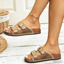 Indoor Outdoor Casual Fashion Sandals, Adjustable Buckle Slip-On Flat Slides, Color Block Patchwork, Teen Couples Shoes, Women's Shoes, New Outdoor Sports Beach Shoes, Soft Sole Soft Upper, Unisex Couples Style, Party Office Lightweight Elegant Minimalist Comfortable Casual Gathering Party Daily Travel Wedding Camping Pride Festival Summer Autumn Essential Gift Sexy Outdoor Vintage Design - Brown Khaki - View 10