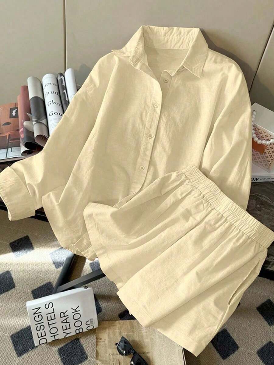 Set de 2 piezas de top de manga larga holgado de lino y pantalones cortos de mujer de moda casual y simple - Amarillo claro - Ver 1