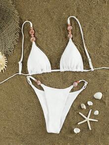 Nuevo conjunto de bikini de mujer con cuello halter, decorado con perlas sólidas de color blanco, de moda sexy para primavera/verano - Blanco - Ver 2