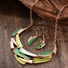 [Elegant Geometric Jewelry Set] KC Golden Plated Women's Jewelry Set - Elegant Geometric Link Necklace & Earrings, Vintage Bohemian Style, Daily Wear Or Parties, All-Season Accessory - 綠色 - 查看 13