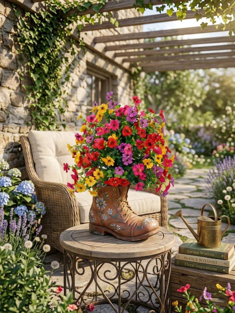 Flores artificiales para exteriores con eucalipto y violeta, ramo de follaje artificial resistente a los rayos UV para decoración de jardín, porche, caja de ventana y patio, mezcla de colores múltiples - A - Ver 1