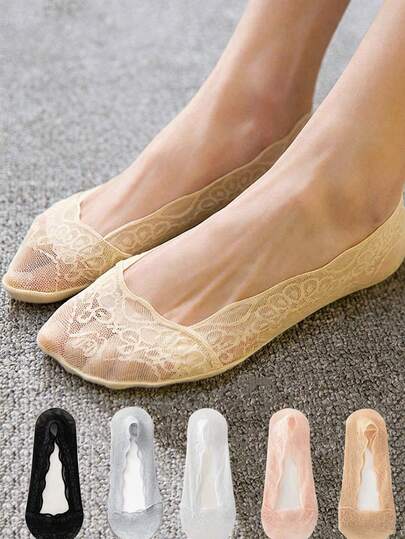 5 Pairs/10 Pairs Women's Thin Lace Trim Ankle Socks, Seamless Non-Slip Liner Socks, Suitable For Summer, Weddings, Graduations, Travels, Outdoor Activities