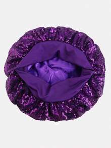 1pc Wide Brim Sequin Sleeping Cap, Suitable For Daily Use - Purple - View 2