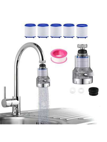 厨房水龙头过滤器套装，三模式防溅水龙头净水器，包含5个替换滤芯，1个360°旋转水龙头延长杆