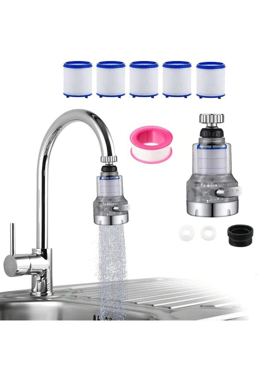 厨房水龙头过滤器套装，三模式防溅水龙头净水器，包含5个替换滤芯，1个360°旋转水龙头延长杆