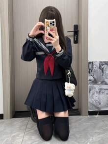 2026 年新作 オリジナル日系 JK セーラー服 三本ライン関西襟 校供感 水玉リボン付き 上下 2 点セット レディース  キュート  カジュアル  パーティー    タッセル - 紺色の長袖トップス+赤いネクタイ+紺色のスカート - チェックする 2