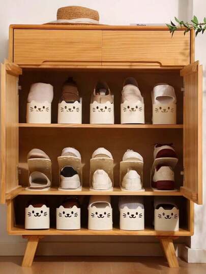 4pcs Adjustable Shoe Rack Double Layer Space Saving Shoe Organizer Durable Solid Color Shoes Stand Closet Organization, Cute Cat Shaped Double-Tier Storage Rack, Shoe Cabinet Storage Tool