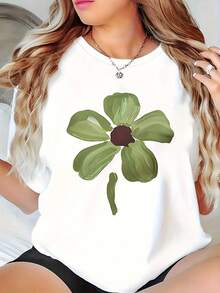 Women's Oversized T-Shirt - White With Green Four Leaf Clover Print, Soft And Breathable Fabric, Loose Fit, Casual Summer Top, Short Sleeve, Round Neck, St. Patrick's Day Blouse And Casual Wear, Machine Washable, Comfortable For Daily Wear And Leisure, Geometric Floral Design, Relaxed Fit For Women, Stylish And Versatile For Warm Weather, Women's T-Shirt, Half Sleeve T-Shirt For Women, Fitted Long Sleeve Top, Oversized T-Shirt, T-Shirt-X - White - View 7