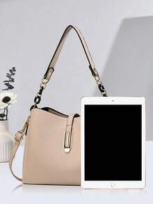 Fashionable Solid Color Women Handbag, Women Chain Shoulder Bag, Women PU Leather Shoulder Bag & Phone Wallet, Bucket Wallet , Office Bag - Khaki - View 4
