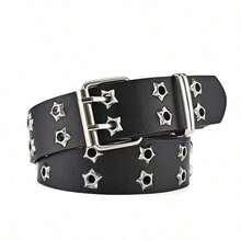 1pc Hollow Punk Casual Leather Belt, Fashion Star Eyelet Decor Double-Prong Waist Belt For Women - Multicolor - View 16