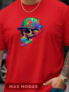 Stylish Modern Men's Plus Size Streetwear T-Shirt With Colorful Skull Print, Crew Neck, 100% Cotton, Comfortable Breathable Fabric, Suitable For Gym Or Casual Wear (Sizes G1, G2, G3, G4, G5) - 紅色 - 查看 2