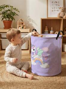 1pc Large Capacity Foldable Round Storage Basket With Cartoon Horse Print, Fabric Laundry Hamper, Multi-Purpose Storage Bin For Nursery, Diapers, Clothes, Baby Supplies - Multicolor - View 4