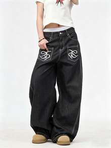 1pc Japanese Street Style Women's Patchwork Embroidered Multi-Pocket Curved Leg Loose Wide Leg Jeans Pants All Season White Casual Fall - White - View 5