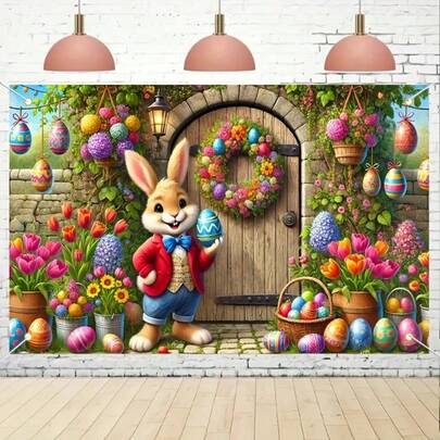 1 tấm banner polyester hình thỏ và trứng Phục Sinh HEGO, trang trí đa năng trong nhà/ngoài trời, không cần nguồn điện, phông nền tiệc tùng và đạo cụ chụp ảnh đa năng, trang trí hình thỏ.