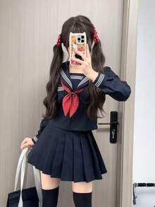 2026 年新作 オリジナル日系 JK セーラー服 三本ライン関西襟 校供感 水玉リボン付き 上下 2 点セット レディース  キュート  カジュアル  パーティー    タッセル - 紺色の長袖トップス+赤いネクタイ+紺色のスカート - チェックする 9