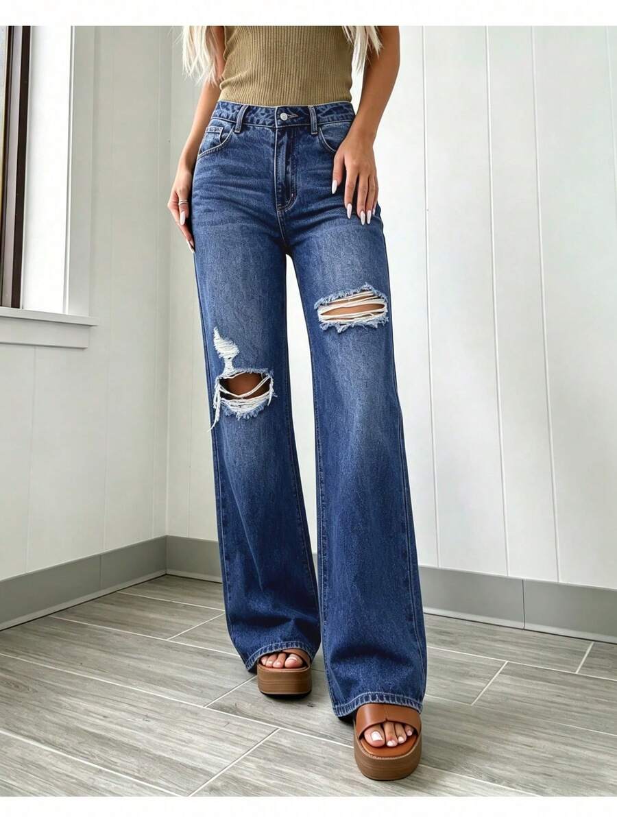 Jeans de Pierna Ancha con Roturas para Mujer - Azul Lavado Oscuro, Estilo Holgado, Ideal para Uso Diario y Día de la Independencia,con efecto desgastado y rotos, - Azul lavado oscuro - Ver 1