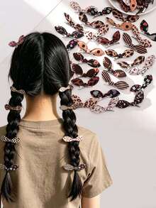30pcs Girls' Beige Floral Bunny Ear Hair Clips, Brown Leopard Print Bow Hair Clips, Random Flower Patterns - Brown - View 1