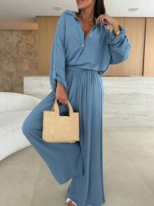 Women's Solid Color Casual Front Button Loose Shirt And Pants 2 Pieces Set Spring - Blue - View 3