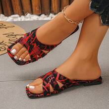 Summer New Colorful Printed Square Toe Sandals Women, Hollow Criss-Cross Strap Flat Slippers, Casual Vacation Beach Flip Flops - Black and Red - View 2