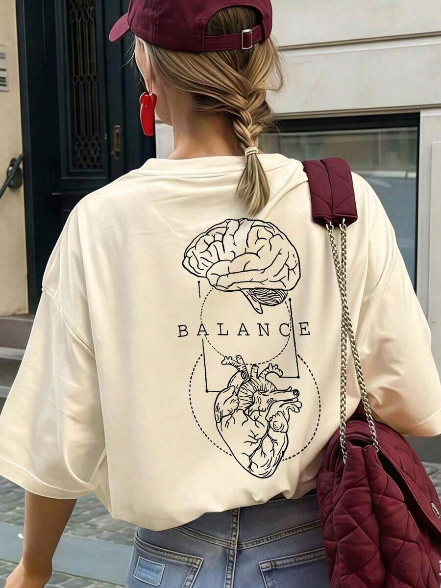 Camiseta casual para mujer, con estampado de anatomía del cerebro y el corazón, corte holgado y oversize, estilo callejero de cuello redondo y manga corta, adecuada para ir al trabajo, viajes urbanos, salidas de verano, reuniones con amigos, brunch de fin de semana en color negro - Albaricoque - Ver 1