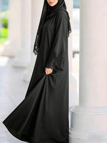 Women's Solid Color Lace Patchwork Contrast Trim Vacation Dress Black Spring - Black - View 4