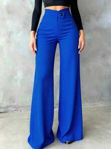 Pantalones rectos negros elegantes y casuales para mujer, pantalones de verano con cintura asimétrica en V para acentuar las curvas, adecuados para la escuela, el uso diario, el trabajo, las citas y las vacaciones de primavera - Azul de cobalto - Ver 6