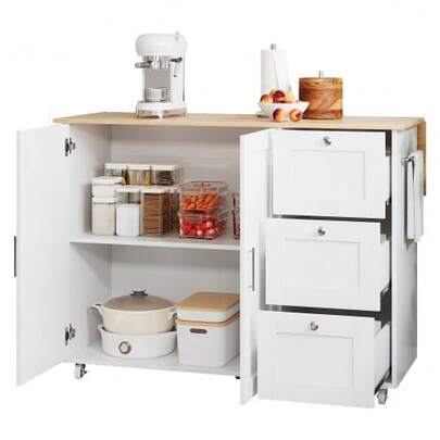 L135*B44(70)*H90cm Large Mobile Kitchen, Arbeitsplatte Aus Eichenholz, Klappbares Design, Multifunctional Schrank, 3 Schubladen, Handtuchhalter, Geeignet Für Küche, Esszimmer, Haus