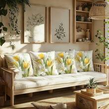 1 Peça/4 Peças Capa de Almofada Estampada com Padrão de Tulipa, Impressão Unilateral, 40*40cm, 45*45cm, 50*50cm, Adequada para seu Sofá, Decoração da Sala de Estar, Adequada para Uso Diário - Multicolorido 3 - Visão 2