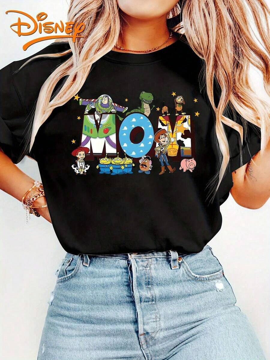 Disney Toy Story MAMA Print Women's T-Shirt, Summer Comfortable Casual Short Sleeve Top, Family-Friendly Tee, Casual Wear, Vintage Design, Breathable Fabric - màu đen - Xem 1