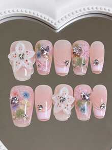 10pcs Handmade 3D Carved Flower Decor Pink French Manicure False Nails, With Colorful Dried Flowers And Stacked Gemstones, Reusable French Style Fake Nail Stickers, Suitable For All Seasons Daily Life Manicure Supplies - Multicolor - View 11