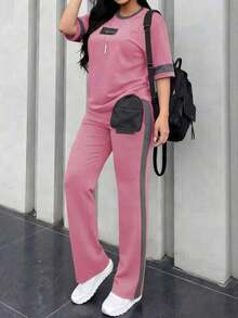 2pcs Women's Spring/Autumn Round Neck Short Sleeve T-Shirt And Elastic Waist Loose Pants Set, Casual Daily Wear Summer - 粉紅色 231 - 查看 8