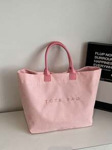 Pendler-Stil solide rosa Polyester Schultertasche, weicher Cord lässig Handtasche mit großer Kapazität, Ledergriff und Buchstickerei, vielseitig einsetzbar für Pendeln, Büro, Campus, täglichen Gebrauch, modisch und elegant für Damen Büroarbeit - Pink - Übersicht 3
