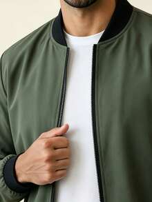 AHTELB Men's Spring/Autumn Jacket, Solid Color Long Sleeve Outerwear, Varsity Baseball Collar Jacket, Jacket For Men Men Jacket Sports - Green - View 4