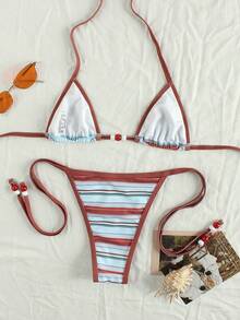 Bộ bikini nữ kẻ sọc nhiều màu sắc với điểm nhấn hạt cườm đỏ, kiểu dáng thanh lịch, gợi cảm, thoải mái, chất liệu co giãn, thích hợp cho mùa hè, kỳ nghỉ biển, lễ hội, tiệc tùng, các hoạt động bên bờ biển và những ngày đi biển, đi bơi thời trang. - Nhiều màu - Xem 3