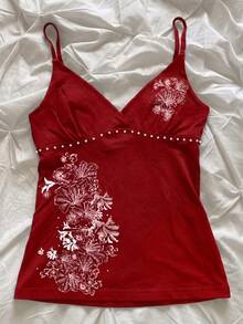 Atasan Tanpa Lengan Kasual Bermotif Bunga Hibiscus, Atasan Musim Panas, Pakaian Pantai untuk Wanita, Warna Merah - Merah - View 3