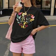 Camiseta Negra con Estampado Floral Colorido para Mujer Verano Casual - Negro - Ver 3