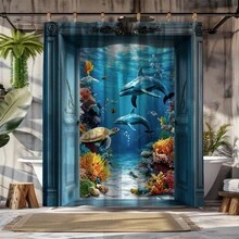1件装 2D 平面海洋水下场景浴帘，包含海豚、海龟、鱼类等海洋生物主题，色彩鲜艳，创意艺术印花，时尚耐用，易于保养，适用于标准浴缸，可机洗，不易褪色。 - 彩色 - 查看 2