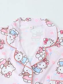 SANRIO 三丽鸥女士睡衣套装，Hello Kitty印花短袖口袋上衣和蝴蝶结短裤休闲家居服 - 粉色 - 查看 3