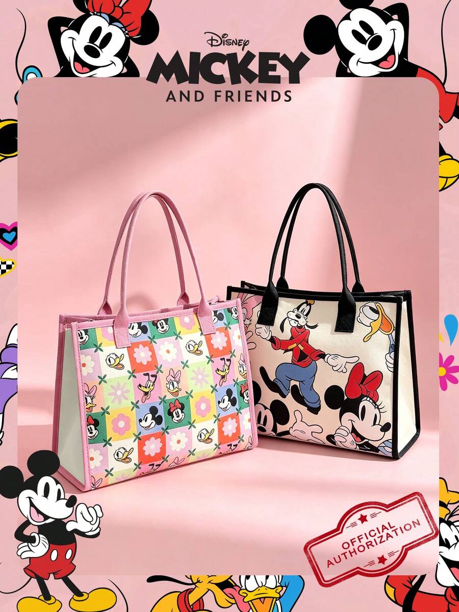 1 Pc Officially Licensed Disney Mickey & Friends Canvas Tote Bag, Large Capacity Shoulder Bag, Cute Cartoon Print Reusable Shopping Handbag, Casual Tote,For Women/Girls/Students/Fans/Young People,For School, Work, Travel, Grocery, Daily Use - Multicolor - View 1