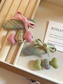 2pcs A Pair Of New Korean-Style Simple Striped Heart Bow Hair Clips For Women, Slouchy Style, Simple And Versatile Side Hair Clips, Bobby Pin, Hair Claws - Multicolor - View 1