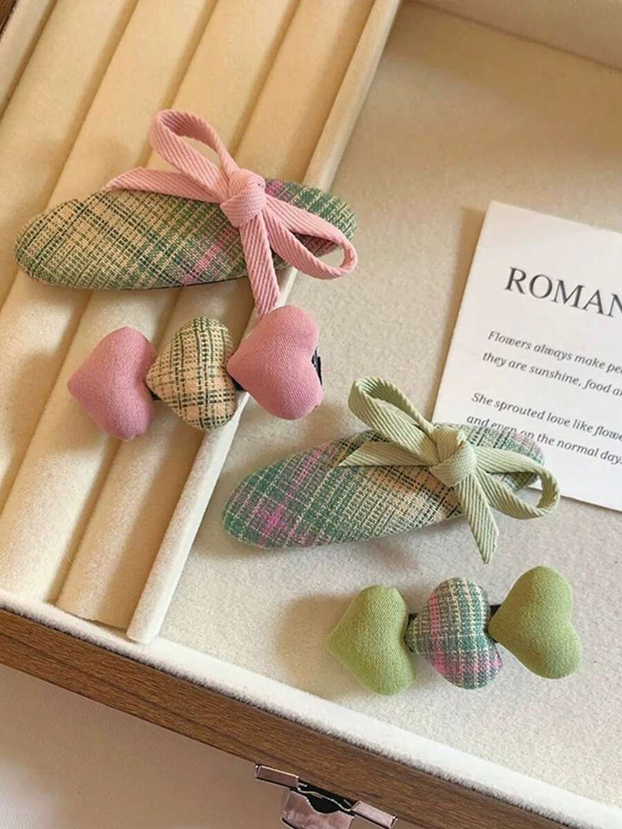 2pcs A Pair Of New Korean-Style Simple Striped Heart Bow Hair Clips For Women, Slouchy Style, Simple And Versatile Side Hair Clips, Bobby Pin, Hair Claws - Multicolor - View 1
