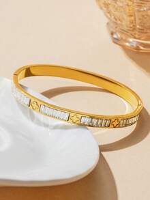 Bộ 3 vòng tay bằng thép không gỉ mạ vàng 18K đính đá Zirconia, bộ vòng tay thời trang dành cho nữ, thích hợp để đeo hàng ngày và làm quà tặng dịp lễ. - Vàng 2 - Xem 2